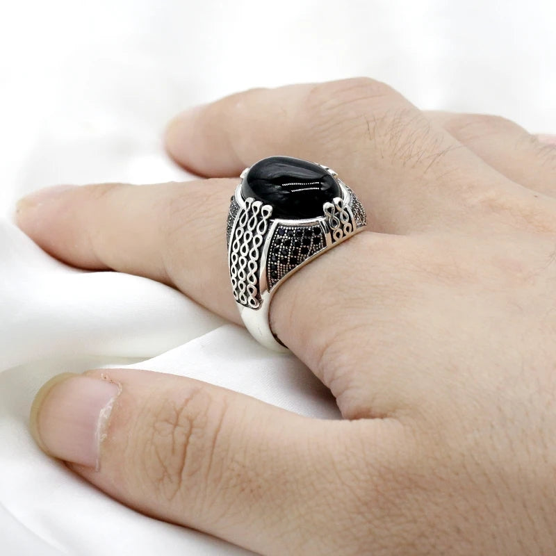 925 sterling real silver ring for men's, Turkish handmade jewelry ring with black onyx Stone