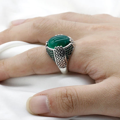 925 sterling real silver ring for men's, Turkish handmade jewelry ring with Green Natural Agate Exclusive Design