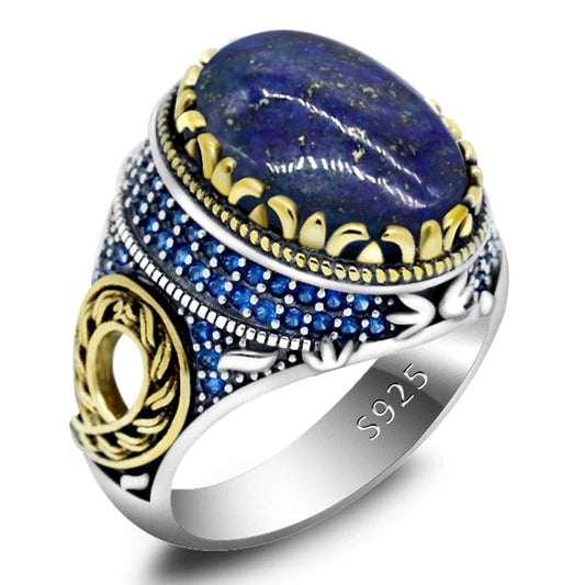 925 sterling real silver ring for men's, Turkish handmade Special Design jewelry ring with Lapis Lazuli Stone