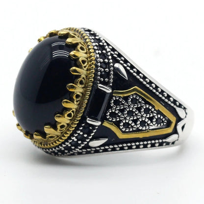 925 sterling real silver ring for men's, Turkish handmade jewelry ring with Black Onyx Oval Topaz Stone
