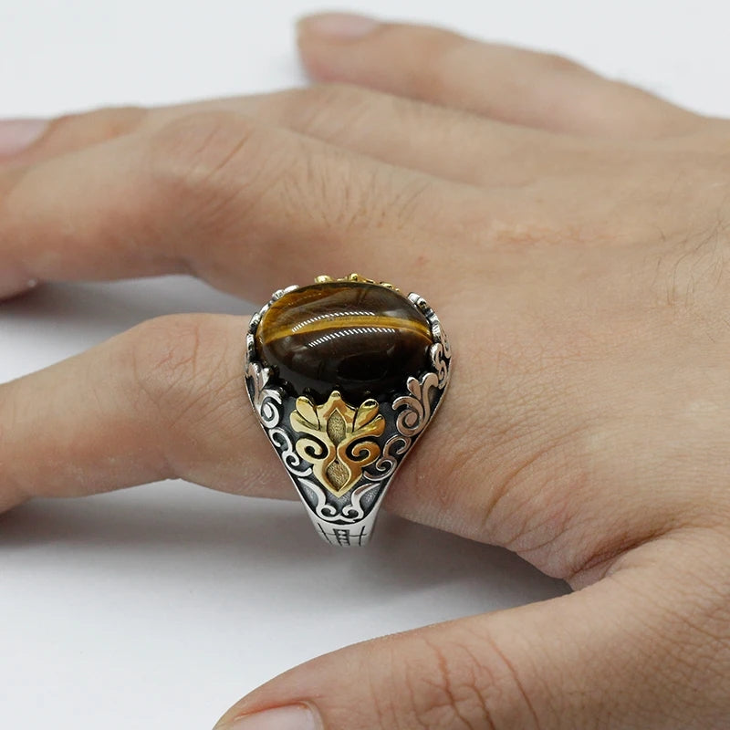 925 sterling real silver ring for men's, Turkish handmade jewelry ring with Natural Tiger Eye Agate Stone Oxidized