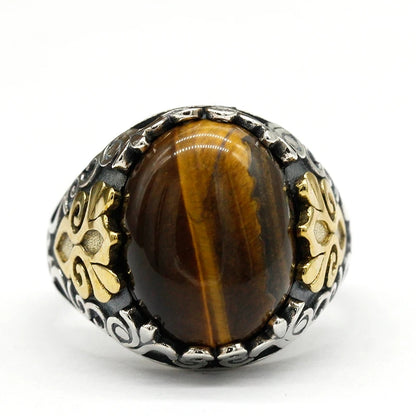 925 sterling real silver ring for men's, Turkish handmade jewelry ring with Natural Tiger Eye Agate Stone Oxidized