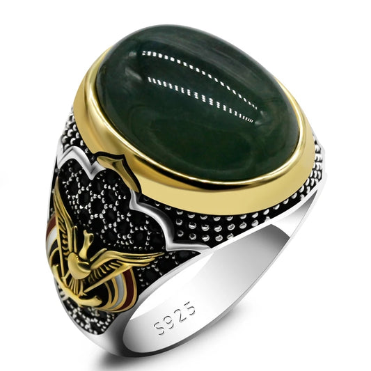 925 sterling real silver ring for men's, Turkish handmade jewelry ring with Green Agate Vintage Eagle CZ Enamel Gold Ring
