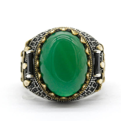925 sterling real silver ring for men's, Turkish handmade jewelry ring with High Quality Oval Natural Green Agate Stone