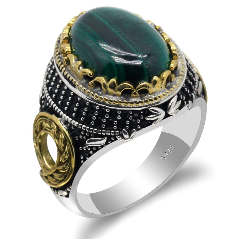 925 sterling real silver ring for men's, Turkish handmade jewelry ring with Natural Green Stone