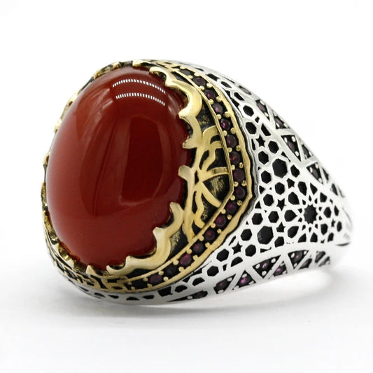 925 sterling real silver ring for men's, Turkish handmade jewelry ring with Red Agate Unique Design
