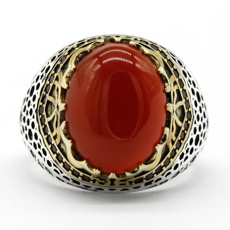 925 sterling real silver ring for men's, Turkish handmade jewelry ring with Red Agate Unique Design