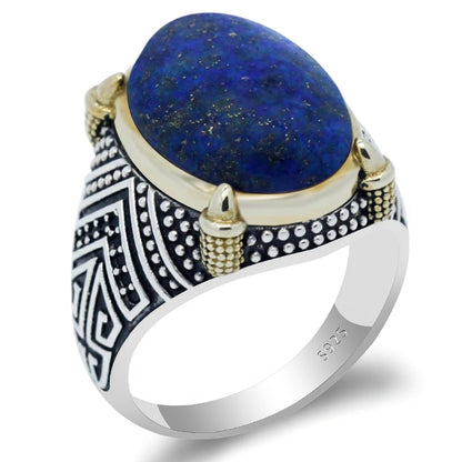 925 sterling real silver ring for men's, Turkish handmade word Design jewelry ring with Lapis Lazuli Stone