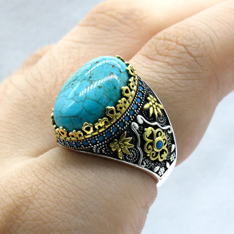 925 sterling real silver ring for men's, Turkish handmade jewelry ring with Natural Turquoise Ring, Carved, with Blue CZ Zirconia Punk Rock