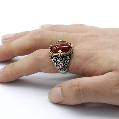 925 sterling real silver ring for men's, Turkish handmade jewelry ring with Red Agate Stone Punk Anchor