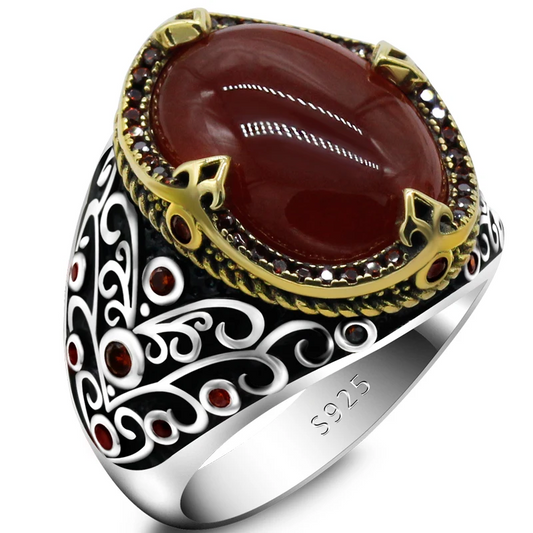 925 sterling real silver ring for men's, Turkish handmade jewelry ring with Red Agate Stone Punk Anchor