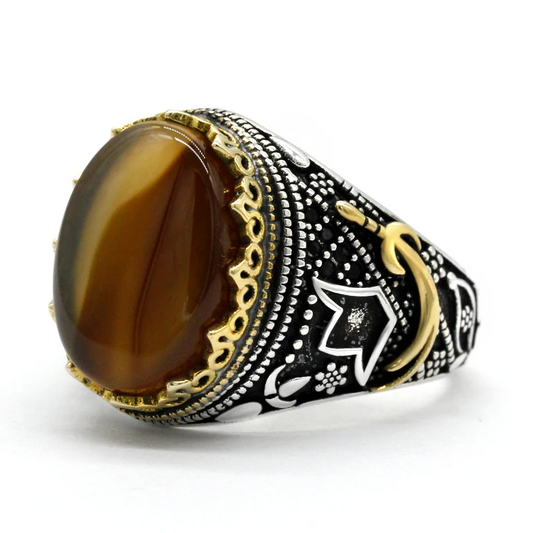 925 sterling real silver ring for men's, Turkish handmade jewelry ring with Tiger Eye Onyx Stone Sword Design