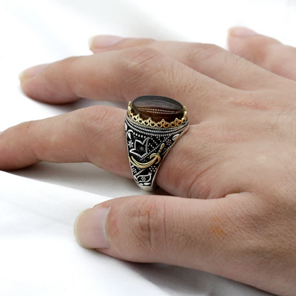 925 sterling real silver ring for men's, Turkish handmade jewelry ring with Tiger Eye Onyx Stone Sword Design