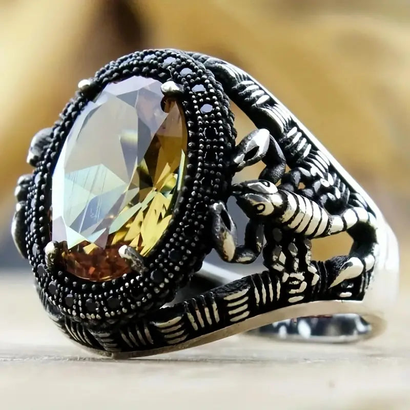 stainless silver Men's Unique Retro Ring,  Scorpion design Yellow Color Rhinestone Rings