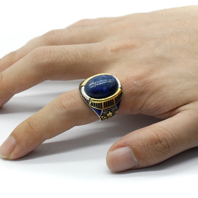 925 sterling real silver ring for men's, Turkish handmade jewelry ring with Lapis Lazuli Stone Crown Design