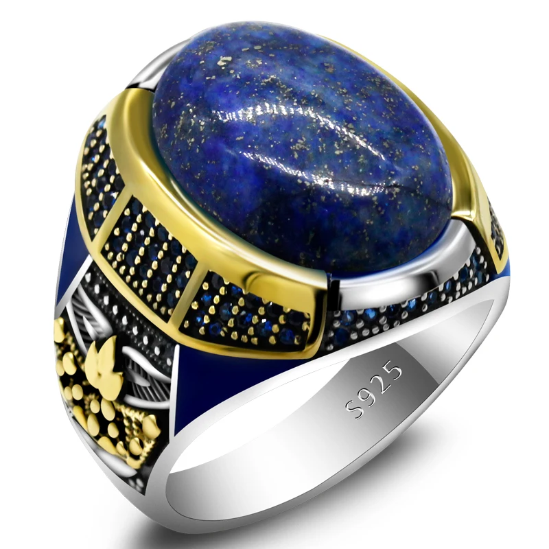925 sterling real silver ring for men's, Turkish handmade jewelry ring with Lapis Lazuli Stone Crown Design