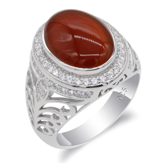 925 sterling real silver ring for men's, Turkish handmade word Design jewelry ring with Red Agate
