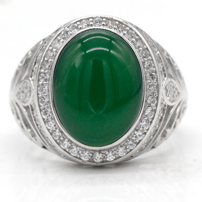 925 sterling real silver ring for men's, Turkish handmade word Design jewelry ring with Green Agate Stone