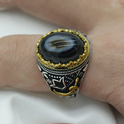 925 sterling real silver ring for men's, Turkish handmade jewelry ring with Natural Agate Evil Eyes