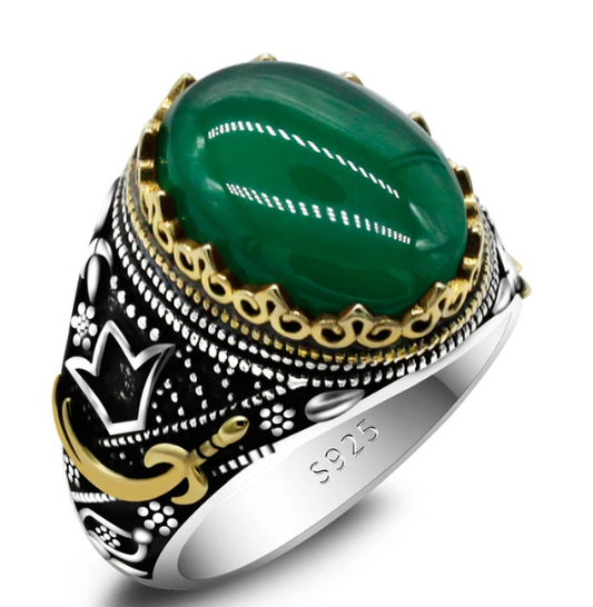 925 sterling real silver ring for men's, Turkish handmade jewelry ring with Green Agate Sword Design