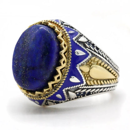 925 sterling real silver ring for men's, Turkish handmade jewelry ring with Lapis Lazuli Stone Gold Design