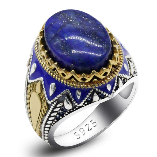 925 sterling real silver ring for men's, Turkish handmade jewelry ring with Lapis Lazuli Stone Gold Design