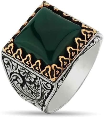 stainless silver Natural green Stone  Punk Rings for Men Antique