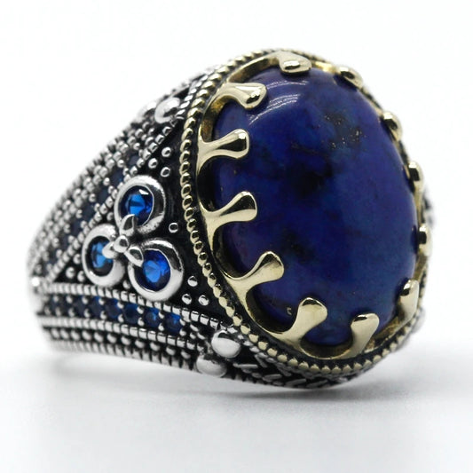 925 sterling real silver ring for men's, Turkish handmade jewelry ring with Lapis Lazuli Stone