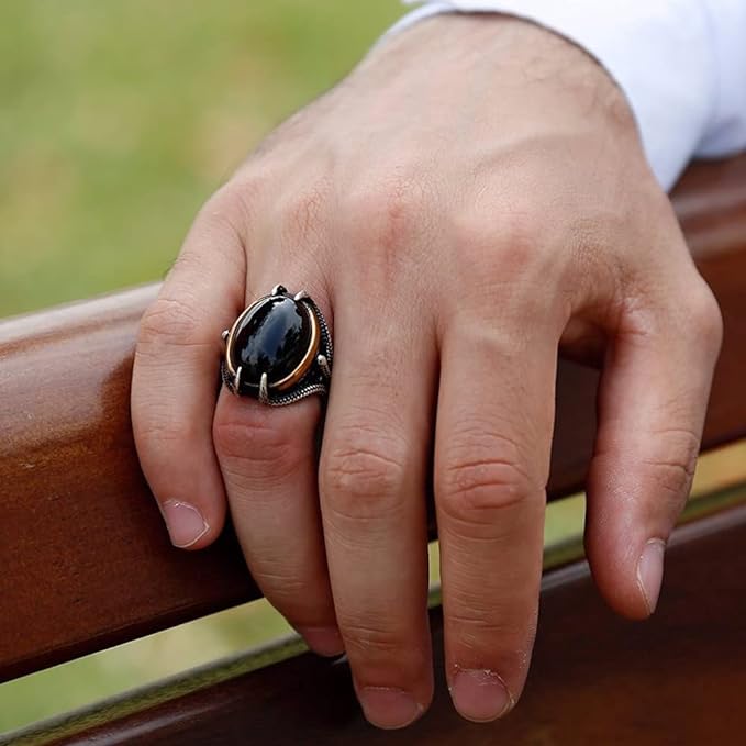 Solid Stainless Silver Oval Cabochon Onyx Stone Claw Design Men's Ring