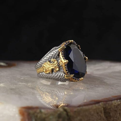 Stainless silver Blue Zircon Stone with Gold Plated Handmade for men