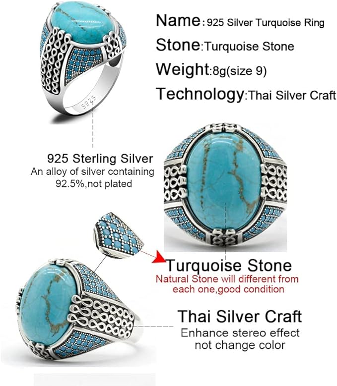 925 sterling real silver ring for men's, Turkish handmade jewelry ring with turquoise stone