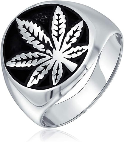 stainless silver Weed Marijuana Cannabis Leaf Symbol Men's Ring