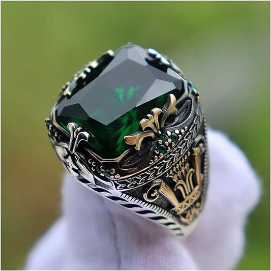 New Inlaid Emerald Men's Luxury Ring Personality Retro Domineering Personality Ring to Attend The Banquet Party Jewelry