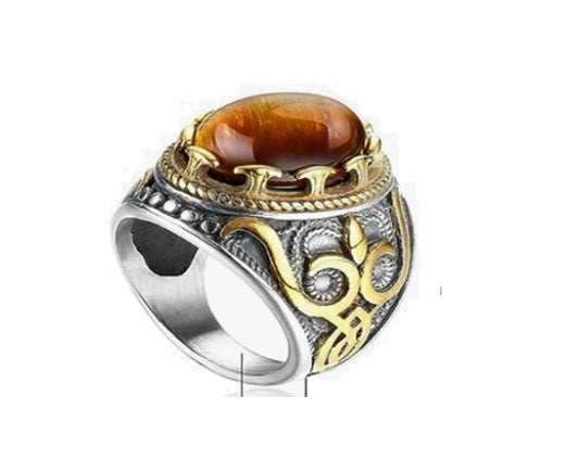 stainless silver Dochais Retro Large Tiger Eye Stone Mens Ring