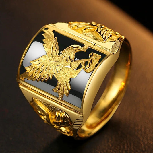Eagle Men 's Ring Black Stone Gold Color Resizable