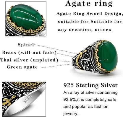925 sterling real silver ring for men's, Turkish handmade jewelry ring with Green Agate Sword Design