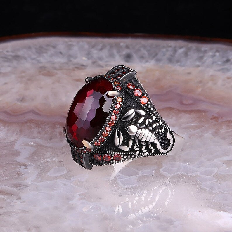 Stainless Silver Red Zircon Stone Punk Scorpion Ring for Men