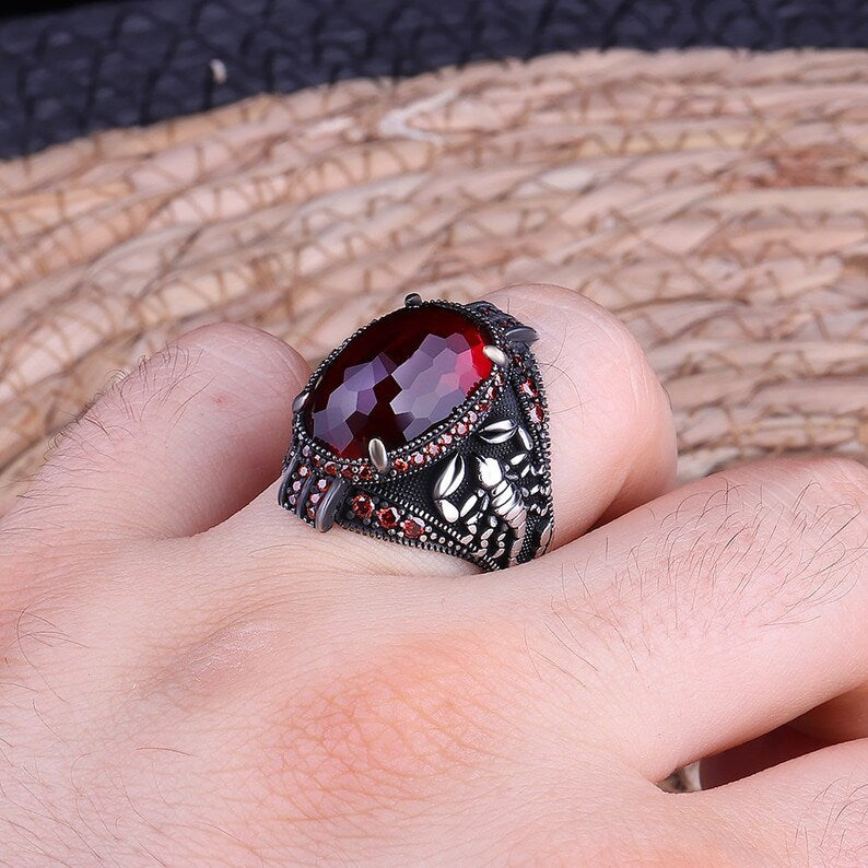 Stainless Silver Red Zircon Stone Punk Scorpion Ring for Men