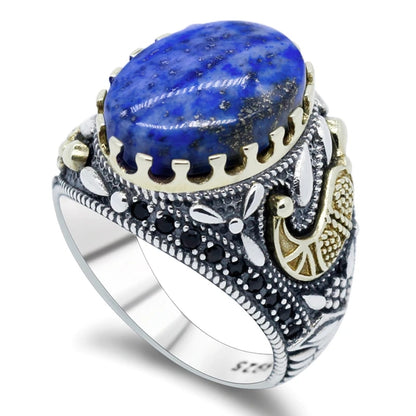 925 sterling real silver ring for men's, Turkish handmade jewelry ring with Lapis Lazuli Stone Sword Design