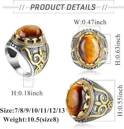 stainless silver Dochais Retro Large Tiger Eye Stone Mens Ring