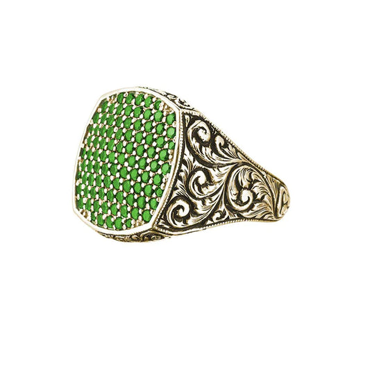 stainless silver Classic Cushion Pave Ring with green natural stone