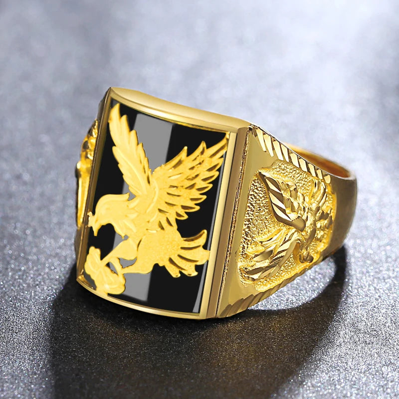 Eagle Men 's Ring Black Stone Gold Color Resizable