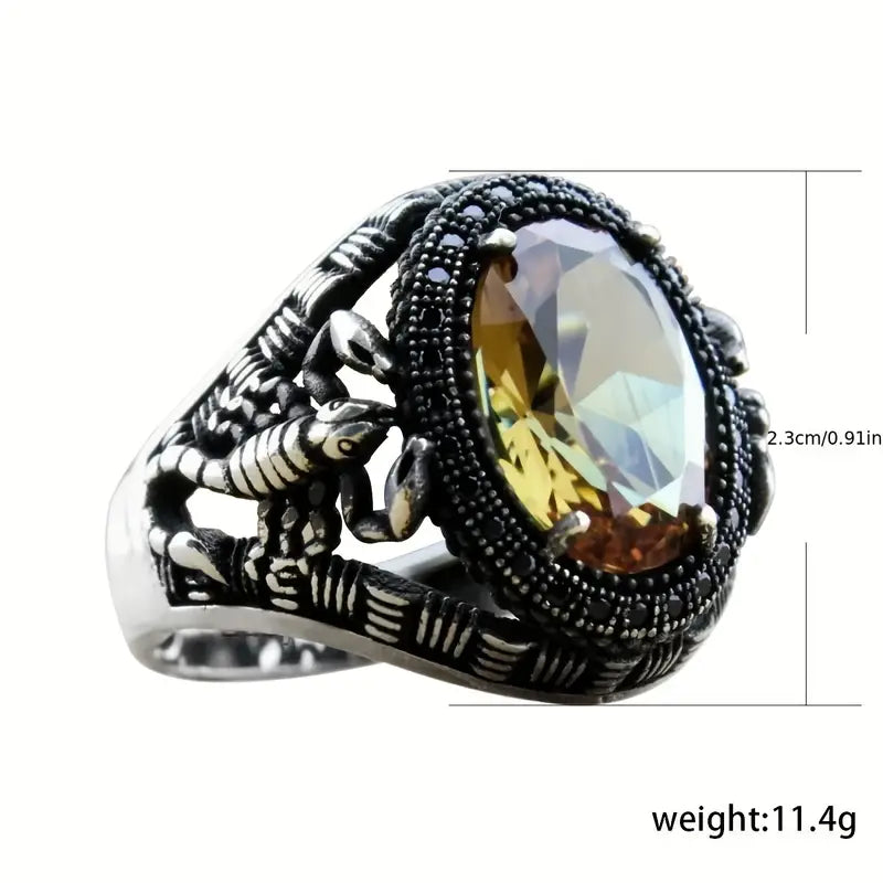 stainless silver Men's Unique Retro Ring,  Scorpion design Yellow Color Rhinestone Rings