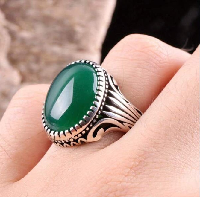 stainless silver Green Big Oval Agate stone ring for men