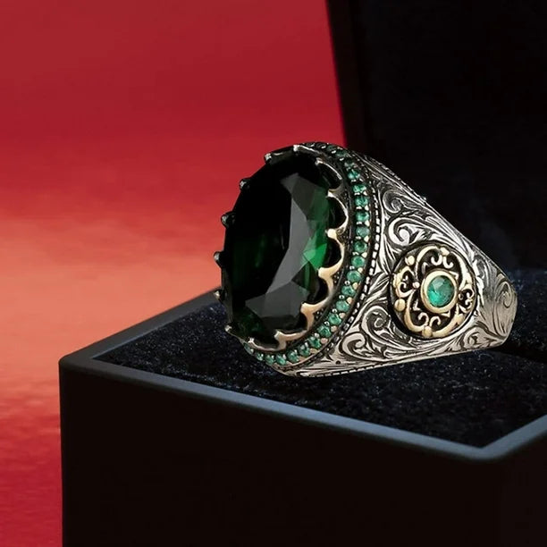 stainless silver Green Zirconia Gemstone Cocktail Ring Band for him/her