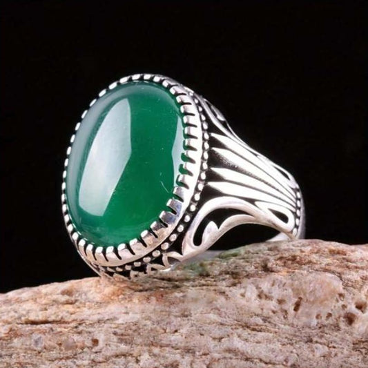 stainless silver Green Big Oval Agate stone ring for men