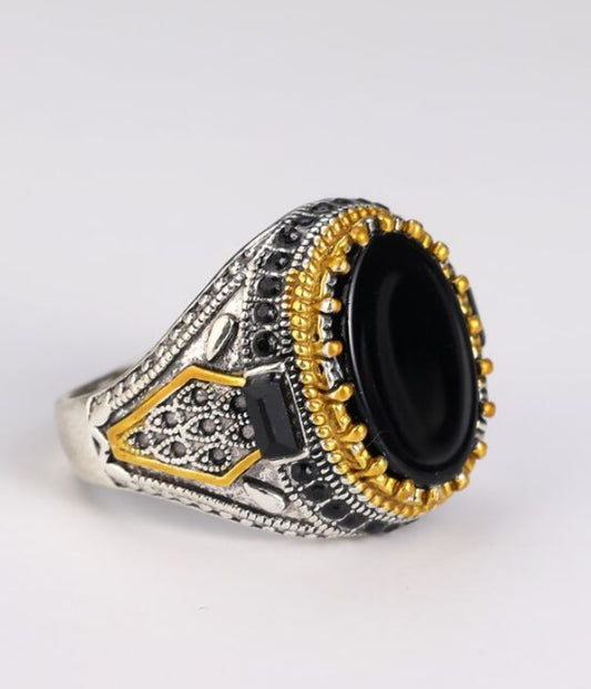 Slim Design Natural Black Agate Stone Ring Stainless Silver Golden Crown Male Ring Turkish Handmade Jewelry Gift