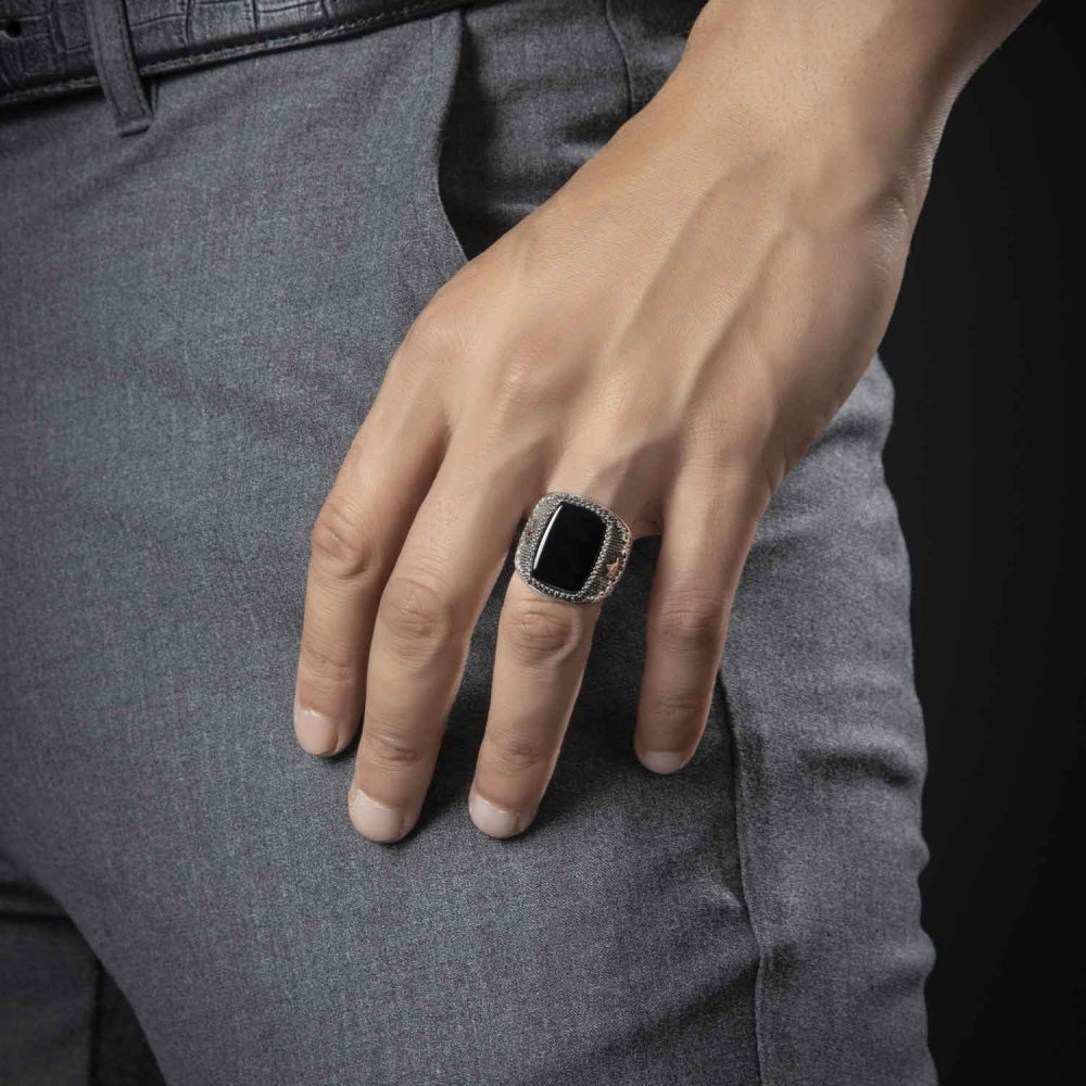 Vintage Handmade Signet Ring for Men Women Silver Color Black Onyx Stone Punk Rings Jewelry