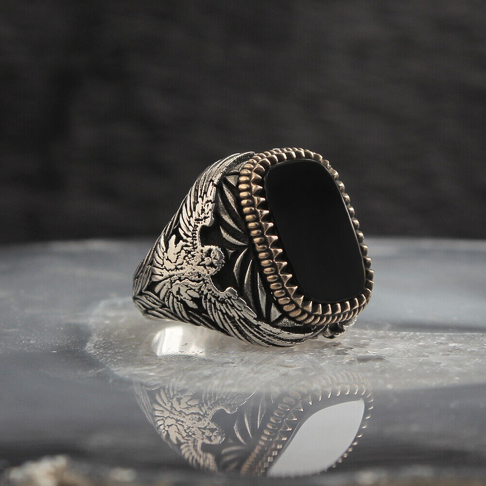 stainless silver Onyx Men's Eagle Ring  Handmade Turkish Ring