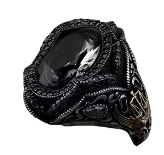 Stainless Silver New Vintage Black Gun Plated Pattern Opening Rings For Men Shine CZ Stone